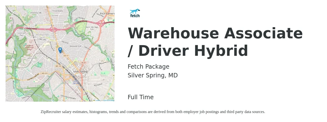 Fetch Package job posting for a Warehouse Associate / Driver Hybrid in Silver Spring, MD with a salary of $18 to $21 Hourly with a map of Silver Spring location.