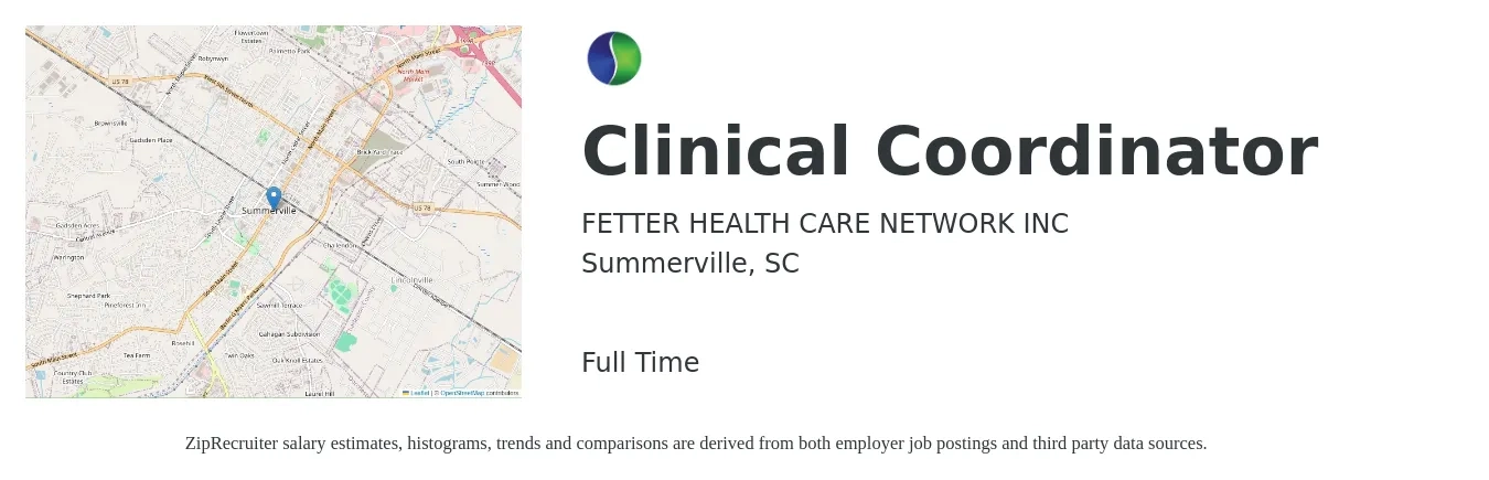 FETTER HEALTH CARE NETWORK INC job posting for a Clinical Coordinator in Summerville, SC with a salary of $19 to $32 Hourly with a map of Summerville location.