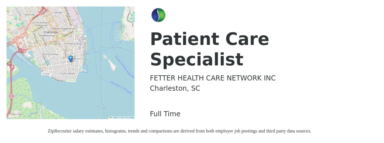 FETTER HEALTH CARE NETWORK INC job posting for a Patient Care Specialist in Charleston, SC with a salary of $17 to $22 Hourly with a map of Charleston location.