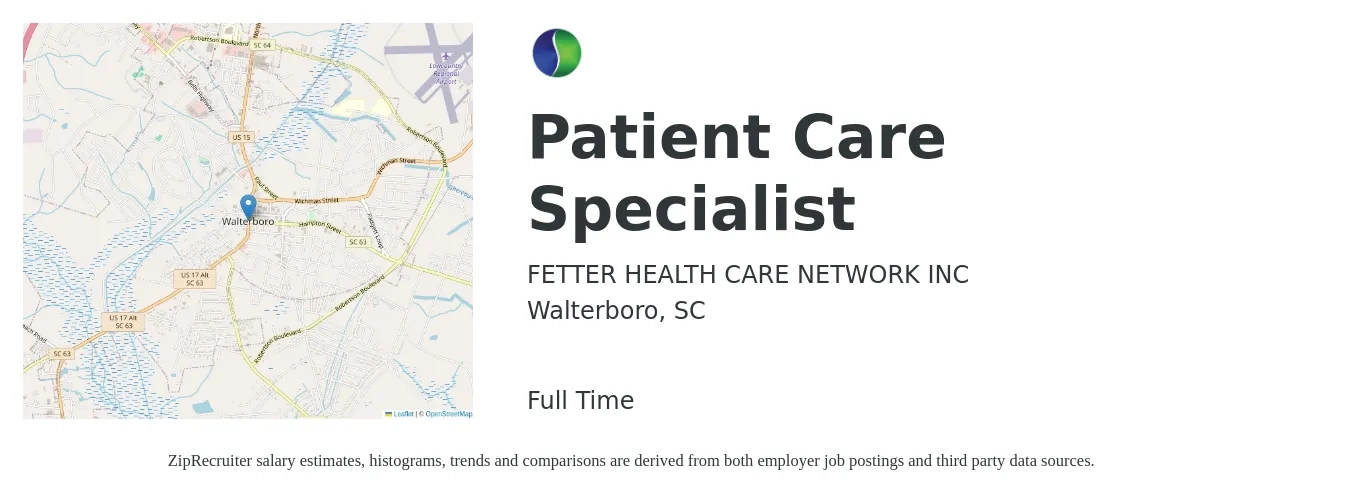 FETTER HEALTH CARE NETWORK INC job posting for a Patient Care Specialist in Walterboro, SC with a salary of $15 to $20 Hourly with a map of Walterboro location.