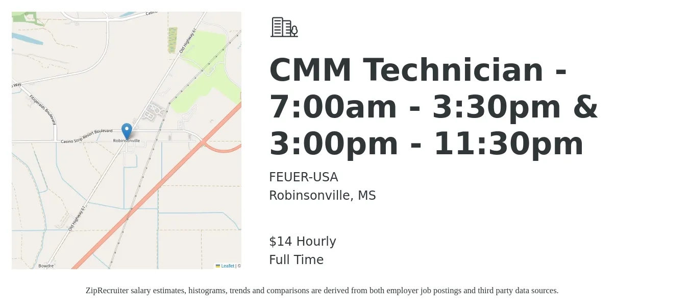 FEUER-USA job posting for a CMM Technician - 7:00am - 3:30pm & 3:00pm - 11:30pm in Robinsonville, MS with a salary of $15 Hourly with a map of Robinsonville location.