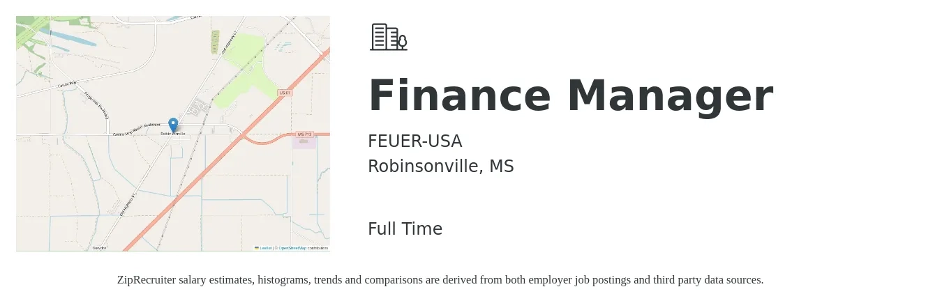 FEUER-USA job posting for a Finance Manager in Robinsonville, MS with a salary of $84,100 to $149,600 Yearly with a map of Robinsonville location.
