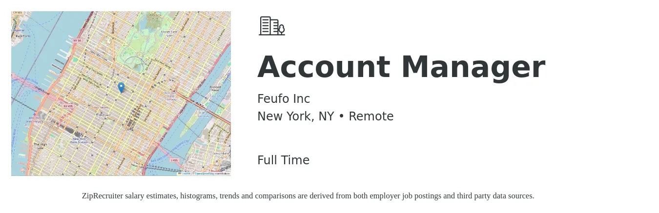 Feufo Inc job posting for a Account Manager in New York, NY with a salary of $52,500 to $85,900 Yearly with a map of New York location.