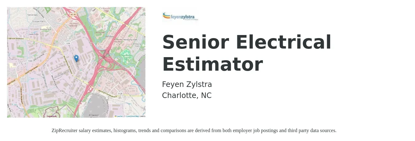 Feyen Zylstra job posting for a Senior Electrical Estimator in Charlotte, NC with a salary of $100,500 to $132,200 Yearly with a map of Charlotte location.