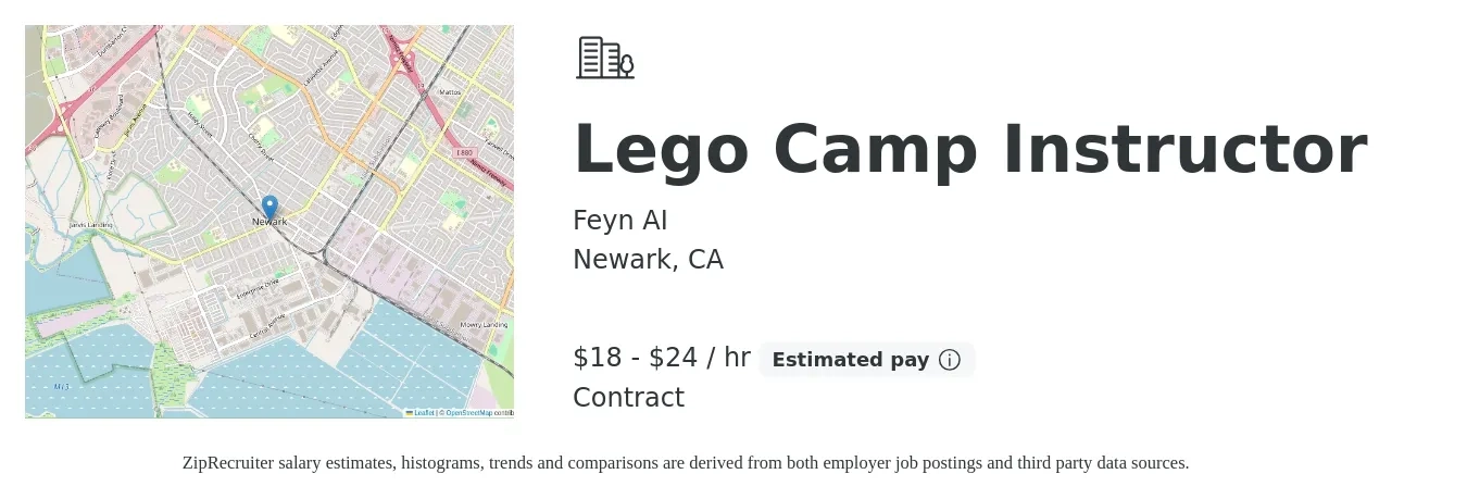 Feyn AI job posting for a Lego Camp Instructor in Newark, CA with a salary of $19 to $25 Hourly with a map of Newark location.