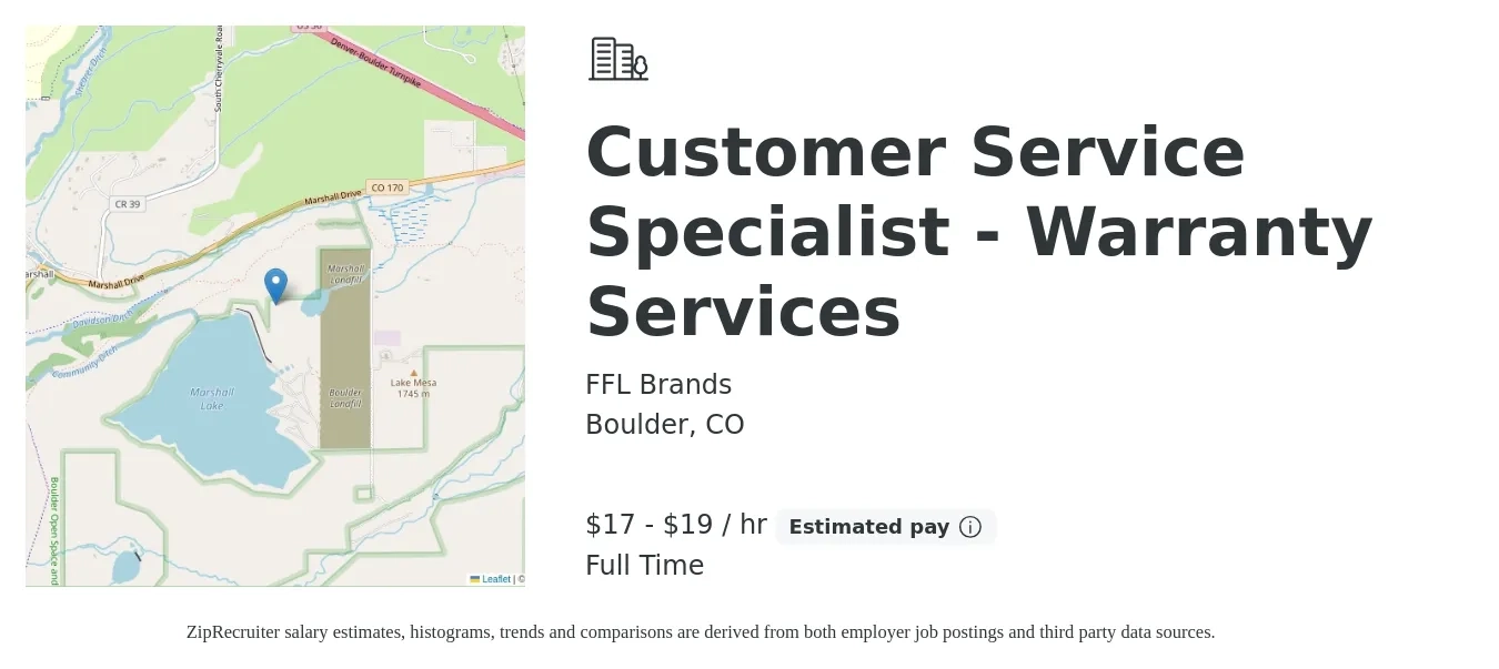 FFL Brands job posting for a Customer Service Specialist - Warranty Services in Boulder, CO with a salary of $18 to $20 Hourly with a map of Boulder location.