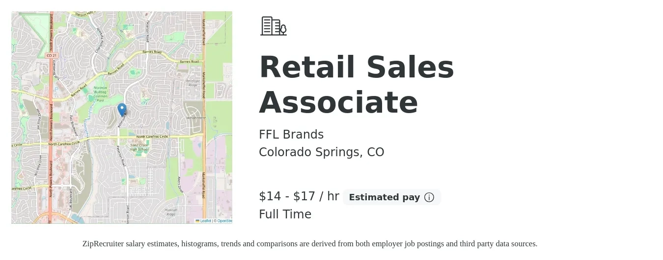 FFL Brands job posting for a Retail Sales Associate in Colorado Springs, CO with a salary of $15 to $18 Hourly with a map of Colorado Springs location.