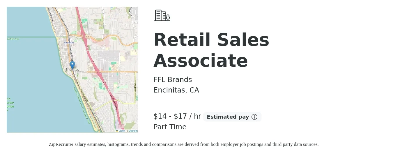 FFL Brands job posting for a Retail Sales Associate in Encinitas, CA with a salary of $15 to $18 Hourly with a map of Encinitas location.