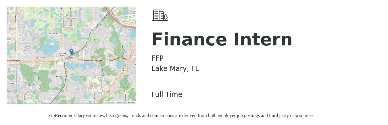 FFP job posting for a Finance Intern in Lake Mary, FL with a salary of $16 to $20 Hourly with a map of Lake Mary location.
