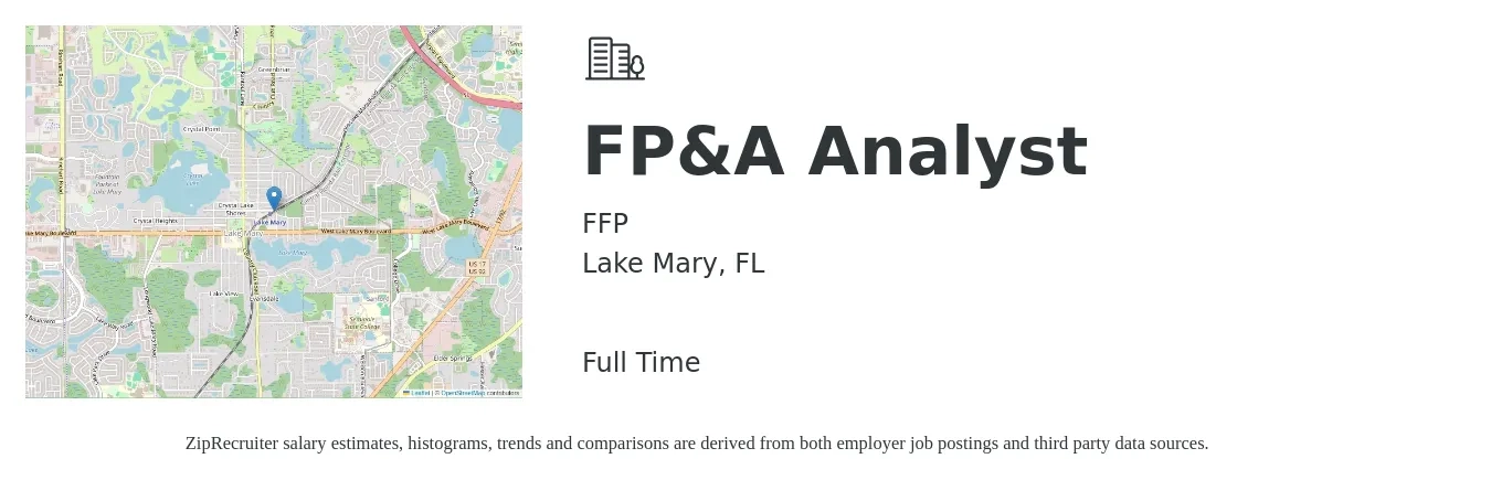 FFP job posting for a FP&A Analyst in Lake Mary, FL with a salary of $61,200 to $96,600 Yearly with a map of Lake Mary location.