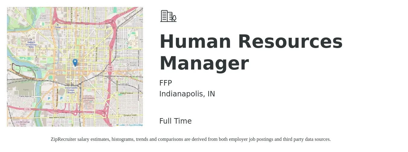 FFP job posting for a Human Resources Manager in Indianapolis, IN with a salary of $66,000 to $95,600 Yearly with a map of Indianapolis location.