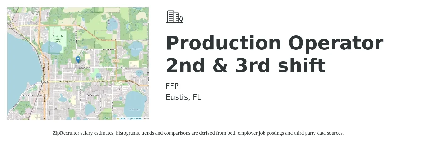 FFP job posting for a Production Operator 2nd & 3rd shift in Eustis, FL with a salary of $15 to $18 Hourly with a map of Eustis location.