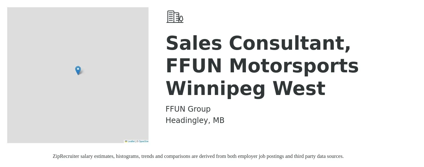 FFUN Group job posting for a Sales Consultant, FFUN Motorsports Winnipeg West in Headingley, MB with a map of Headingley location.