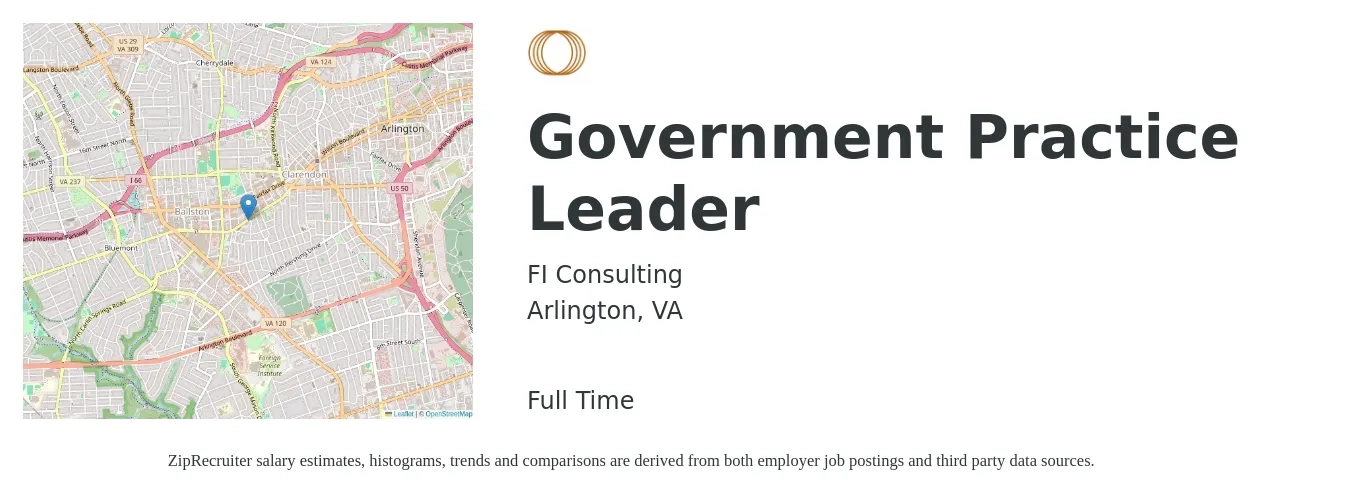 FI Consulting job posting for a Government Practice Leader in Arlington, VA with a salary of $44,000 to $148,500 Yearly with a map of Arlington location.