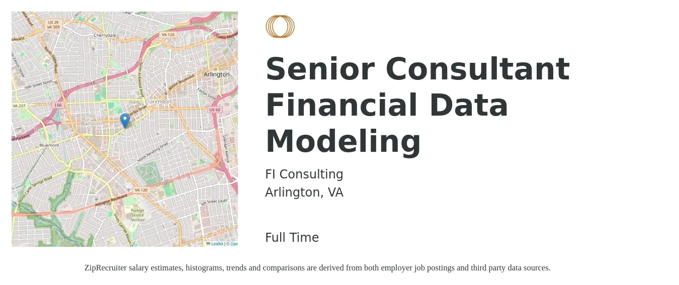 FI Consulting job posting for a Senior Consultant Financial Data Modeling in Arlington, VA with a salary of $71 to $91 Hourly with a map of Arlington location.
