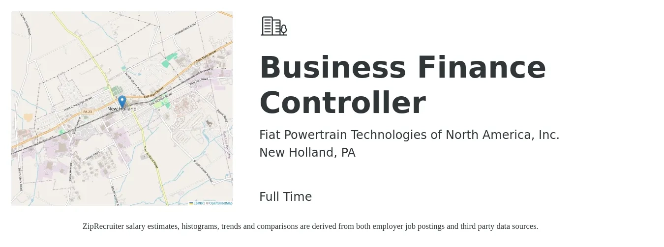 Fiat Powertrain Technologies of North America, Inc. job posting for a Business Finance Controller in New Holland, PA with a salary of $86,700 to $121,400 Yearly with a map of New Holland location.