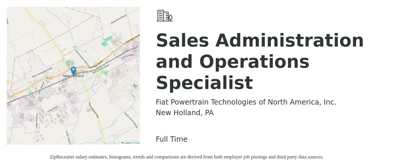 Fiat Powertrain Technologies of North America, Inc. job posting for a Sales Administration and Operations Specialist in New Holland, PA with a salary of $24 to $31 Hourly with a map of New Holland location.