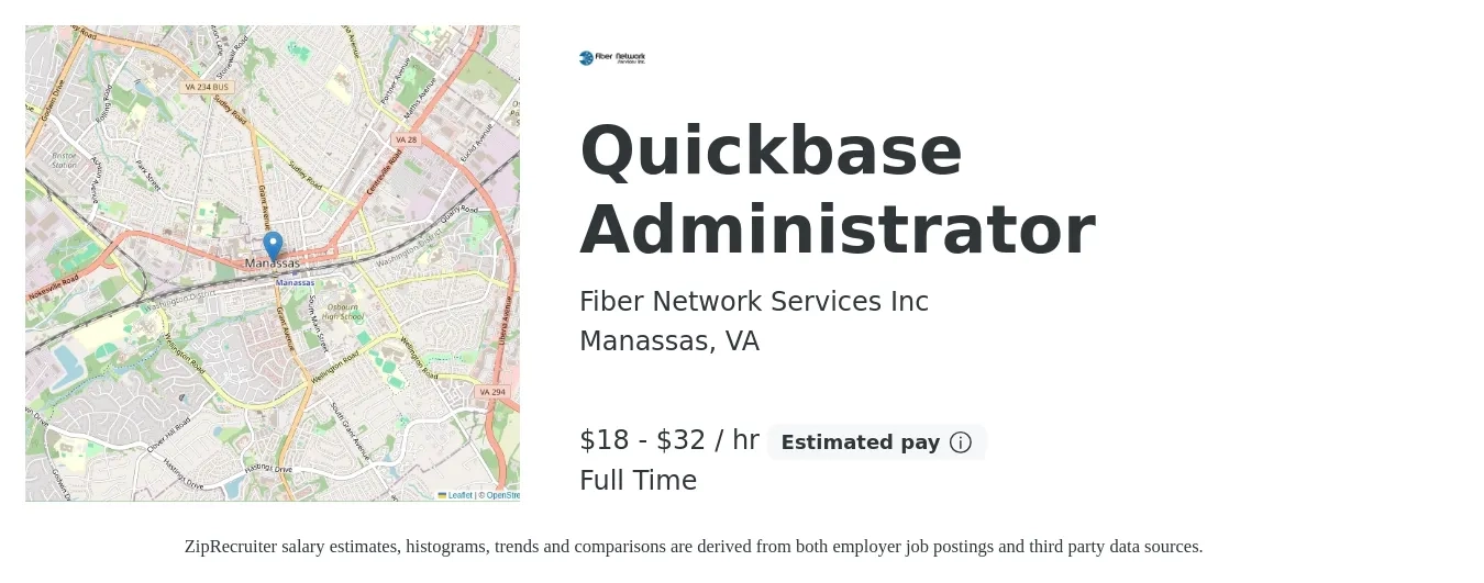 Fiber Network Services Inc job posting for a Quickbase Administrator in Manassas, VA with a salary of $40,000 to $70,000 Yearly with a map of Manassas location.