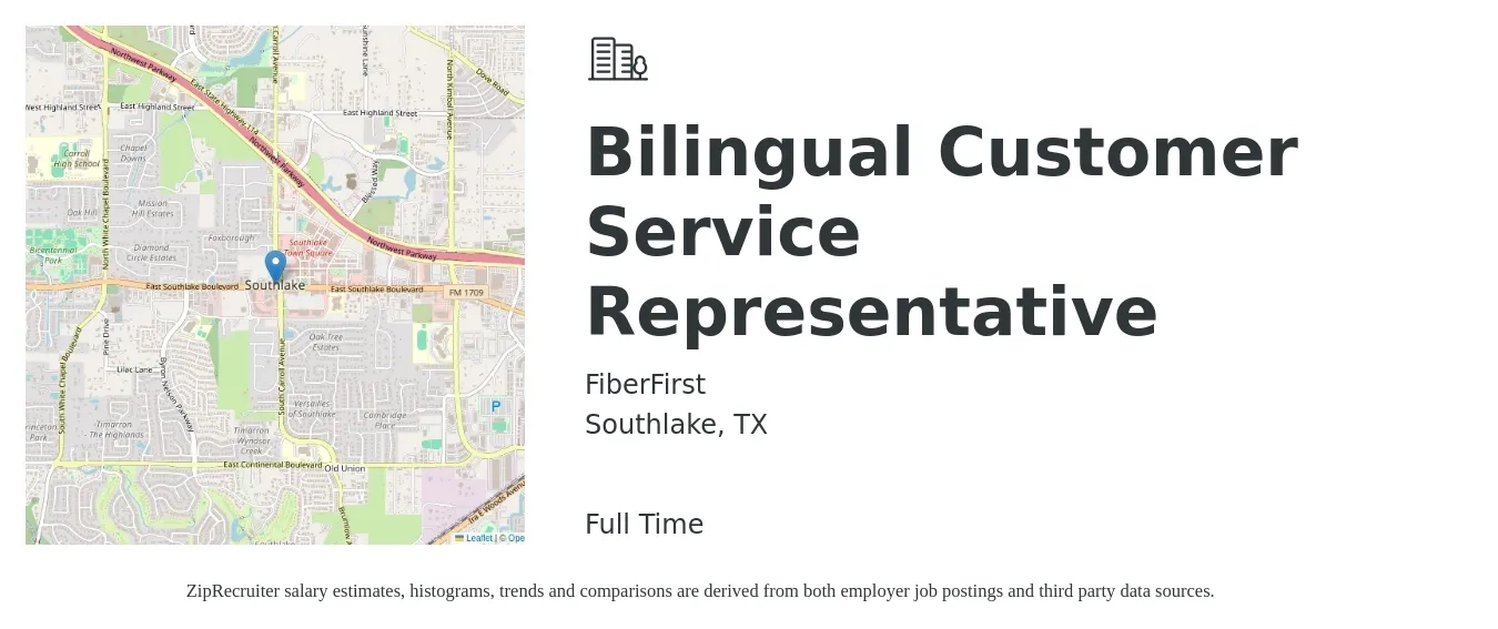 FiberFirst job posting for a Bilingual Customer Service Representative in Southlake, TX with a salary of $14 to $18 Hourly with a map of Southlake location.