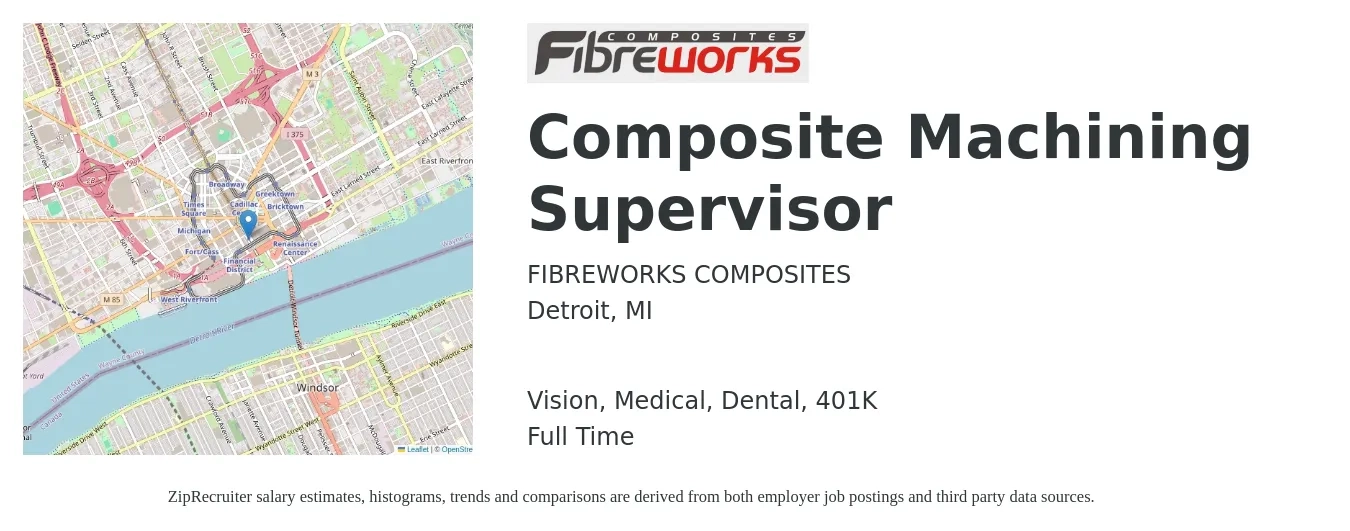 FIBREWORKS COMPOSITES job posting for a Composite Machining Supervisor in Detroit, MI with a salary of $62,400 to $84,600 Yearly and benefits including medical, vision, 401k, dental, and life_insurance with a map of Detroit location.