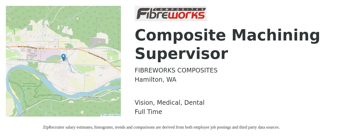 FIBREWORKS COMPOSITES job posting for a Composite Machining Supervisor in Hamilton, WA with a salary of $66,200 to $89,800 Yearly and benefits including life_insurance, medical, retirement, vision, and dental with a map of Hamilton location.