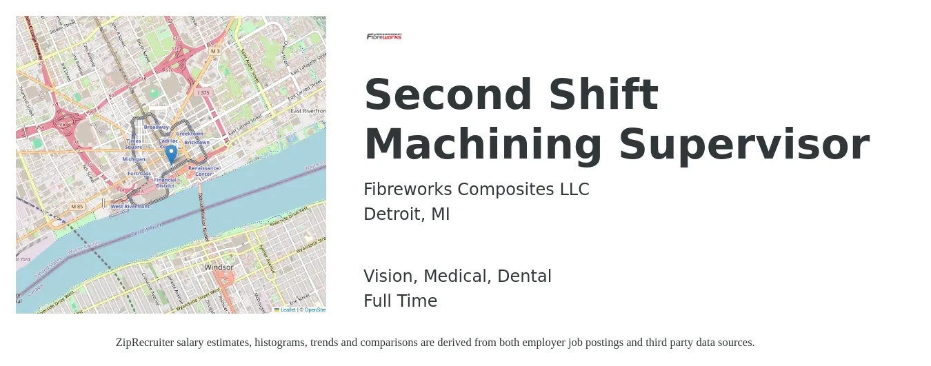 Fibreworks Composites LLC job posting for a Second Shift Machining Supervisor in Detroit, MI with a salary of $62,400 to $84,600 Yearly and benefits including vision, dental, life_insurance, medical, and retirement with a map of Detroit location.