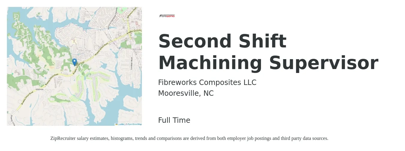 Fibreworks Composites LLC job posting for a Second Shift Machining Supervisor in Mooresville, NC with a salary of $59,600 to $80,900 Yearly with a map of Mooresville location.
