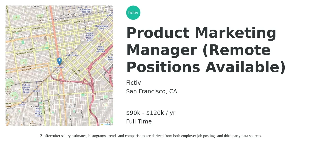 Fictiv job posting for a Product Marketing Manager (Remote Positions Available) in San Francisco, CA with a salary of $181,400 Yearly with a map of San Francisco location.