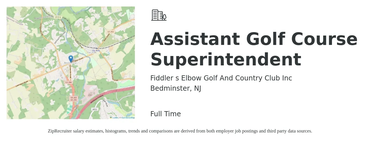 Fiddler s Elbow Golf And Country Club Inc job posting for a Assistant Golf Course Superintendent in Bedminster, NJ with a salary of $44,400 to $61,200 Yearly with a map of Bedminster location.