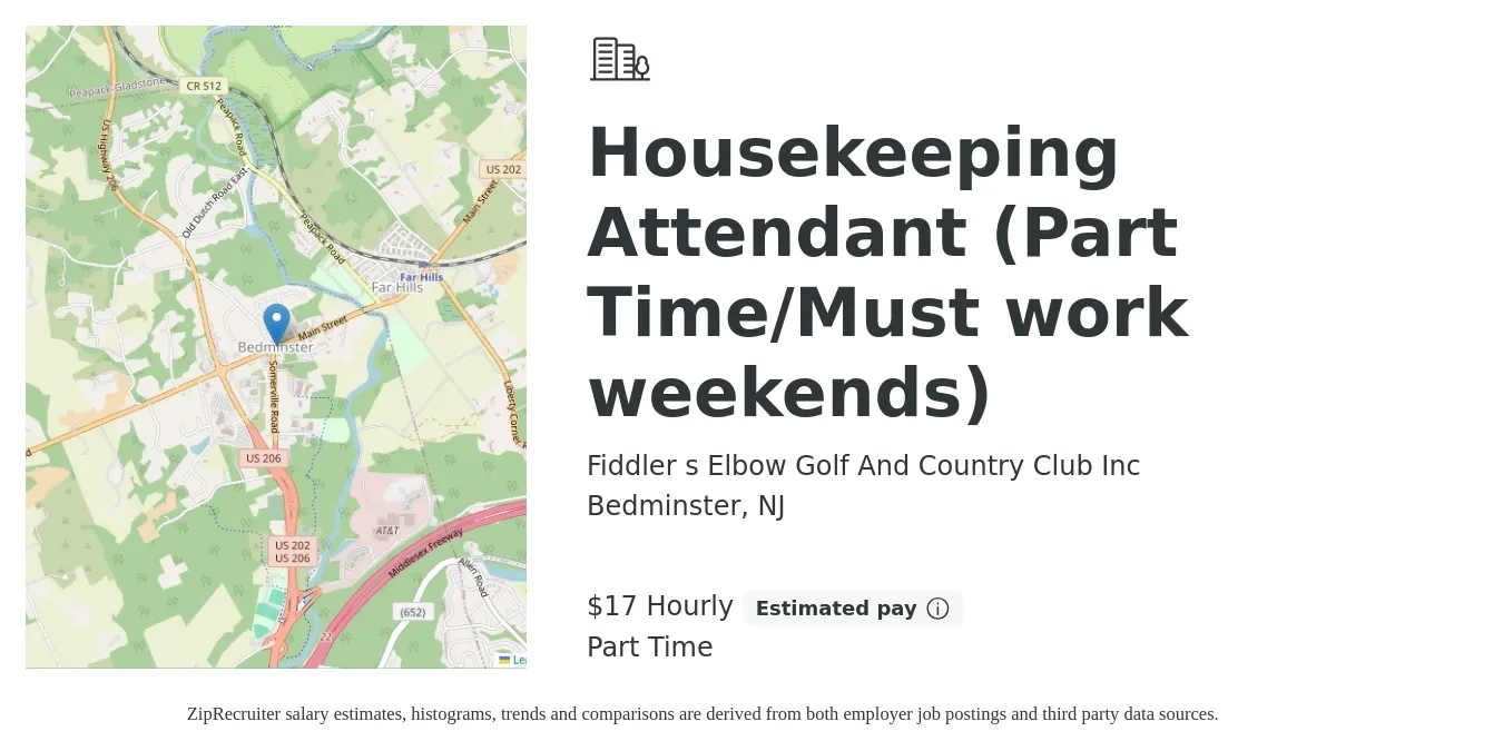 Fiddler s Elbow Golf And Country Club Inc job posting for a Housekeeping Attendant (Part Time/Must work weekends) in Bedminster, NJ with a salary of $18 Hourly with a map of Bedminster location.