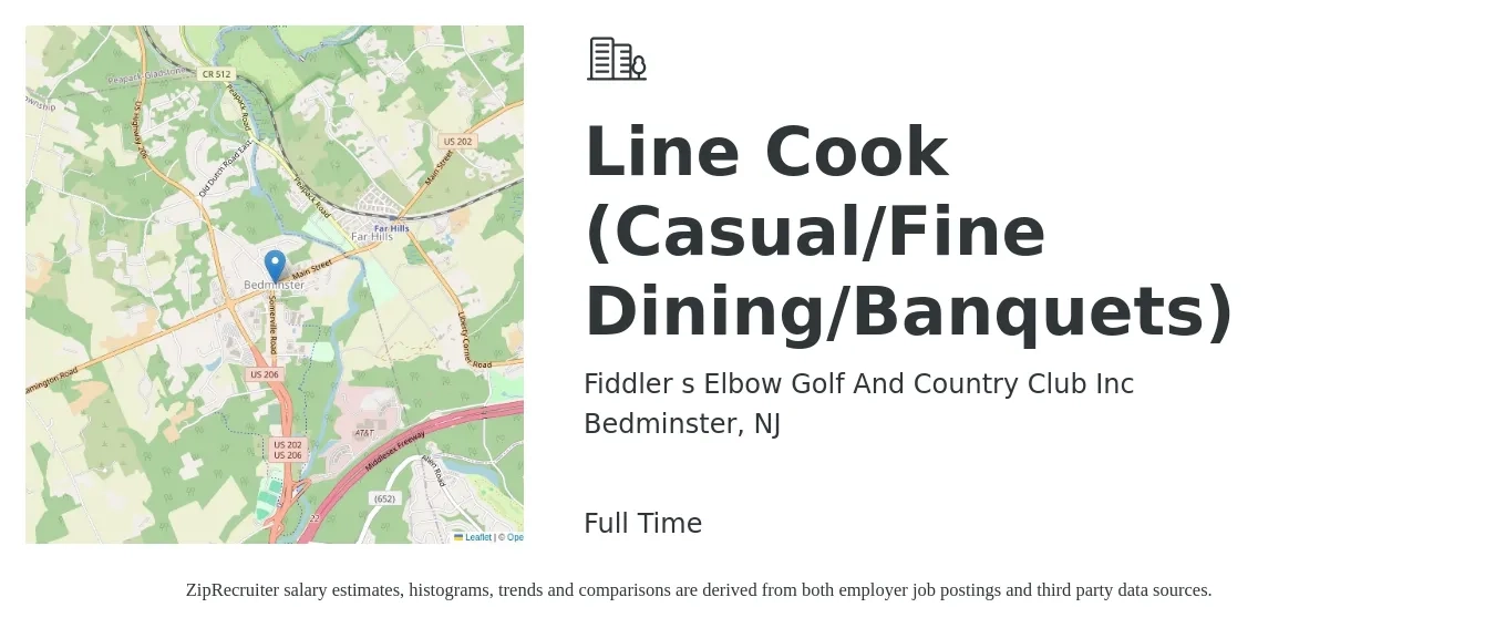 Fiddler s Elbow Golf And Country Club Inc job posting for a Line Cook (Casual/Fine Dining/Banquets) in Bedminster, NJ with a salary of $18 to $22 Hourly with a map of Bedminster location.