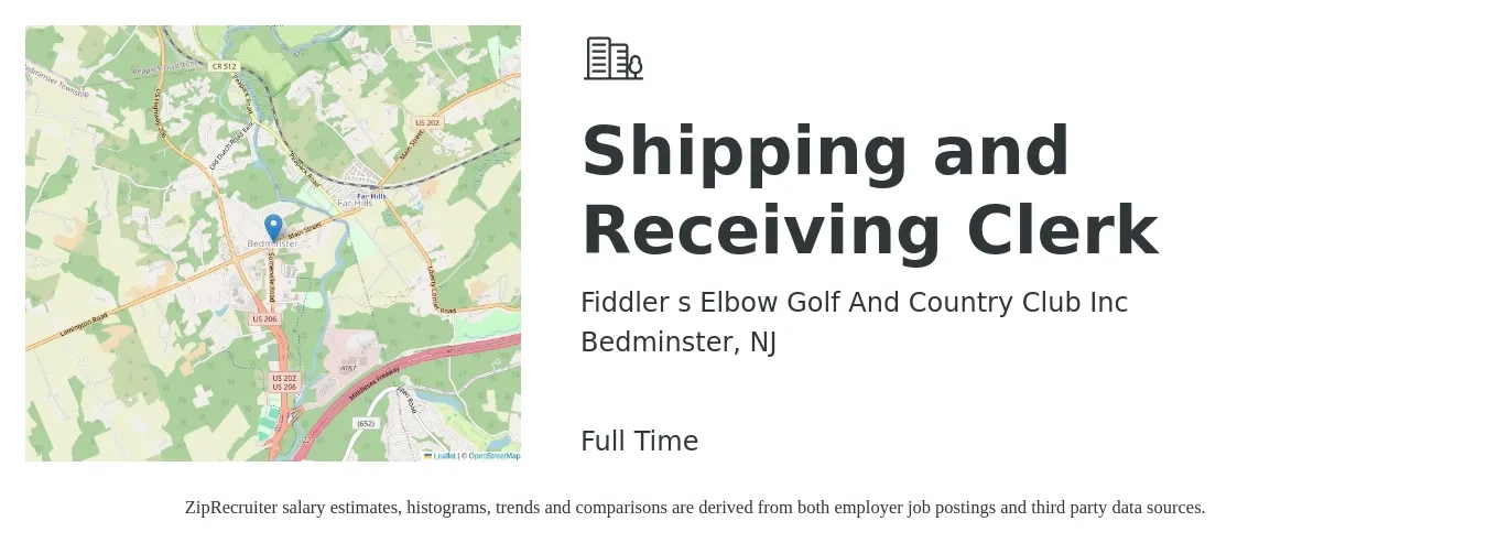 Fiddler s Elbow Golf And Country Club Inc job posting for a Shipping and Receiving Clerk in Bedminster, NJ with a salary of $17 to $20 Hourly with a map of Bedminster location.