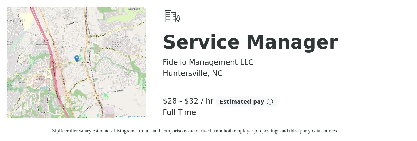 Fidelio Management LLC job posting for a Service Manager in Huntersville, NC with a salary of $30 to $34 Hourly with a map of Huntersville location.