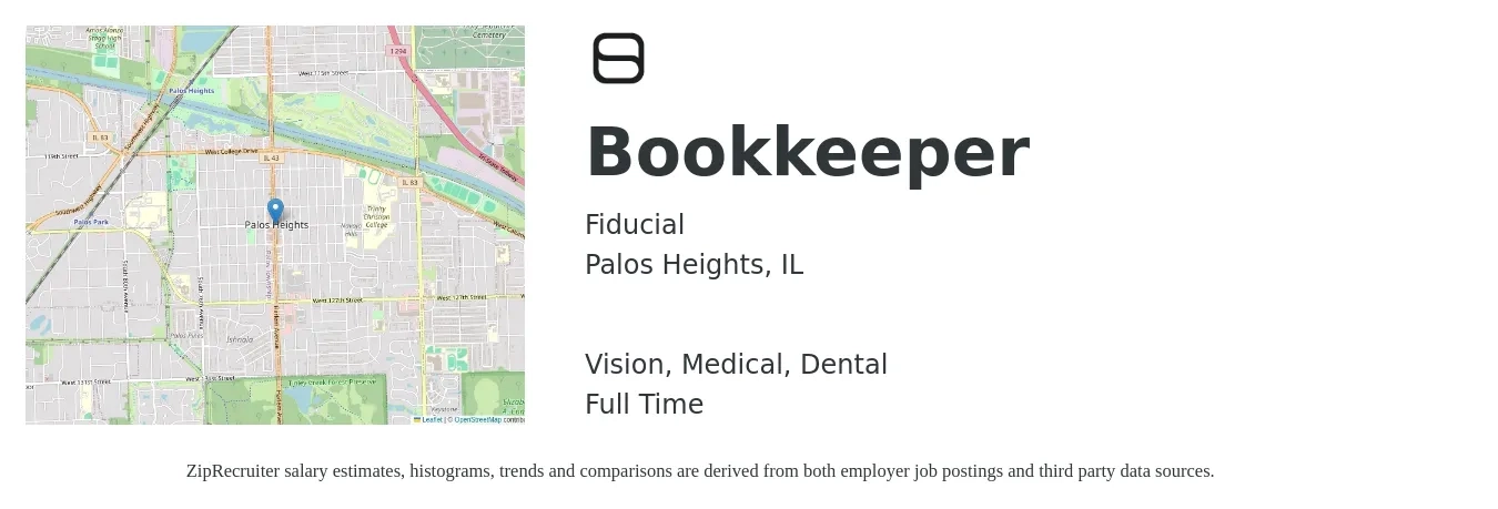 Fiducial job posting for a Bookkeeper in Palos Heights, IL with a salary of $21 to $29 Hourly and benefits including dental, life_insurance, medical, pto, retirement, and vision with a map of Palos Heights location.