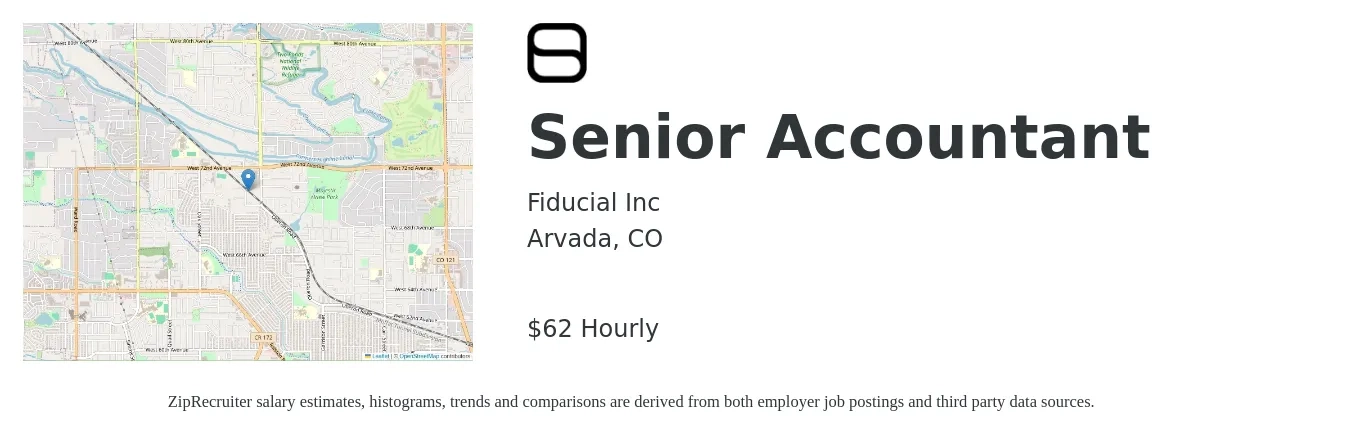 Fiducial Inc job posting for a Senior Accountant in Arvada, CO with a salary of $65 Hourly with a map of Arvada location.