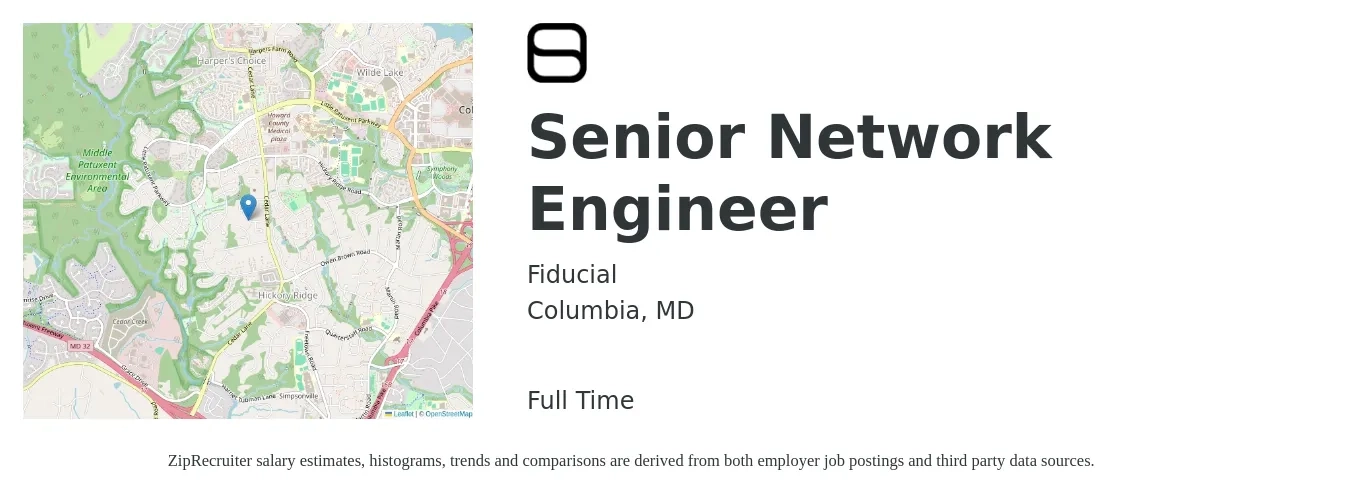 Fiducial job posting for a Senior Network Engineer in Columbia, MD with a salary of $103,200 to $141,400 Yearly and benefits including pto, retirement, vision, dental, life_insurance, and medical with a map of Columbia location.
