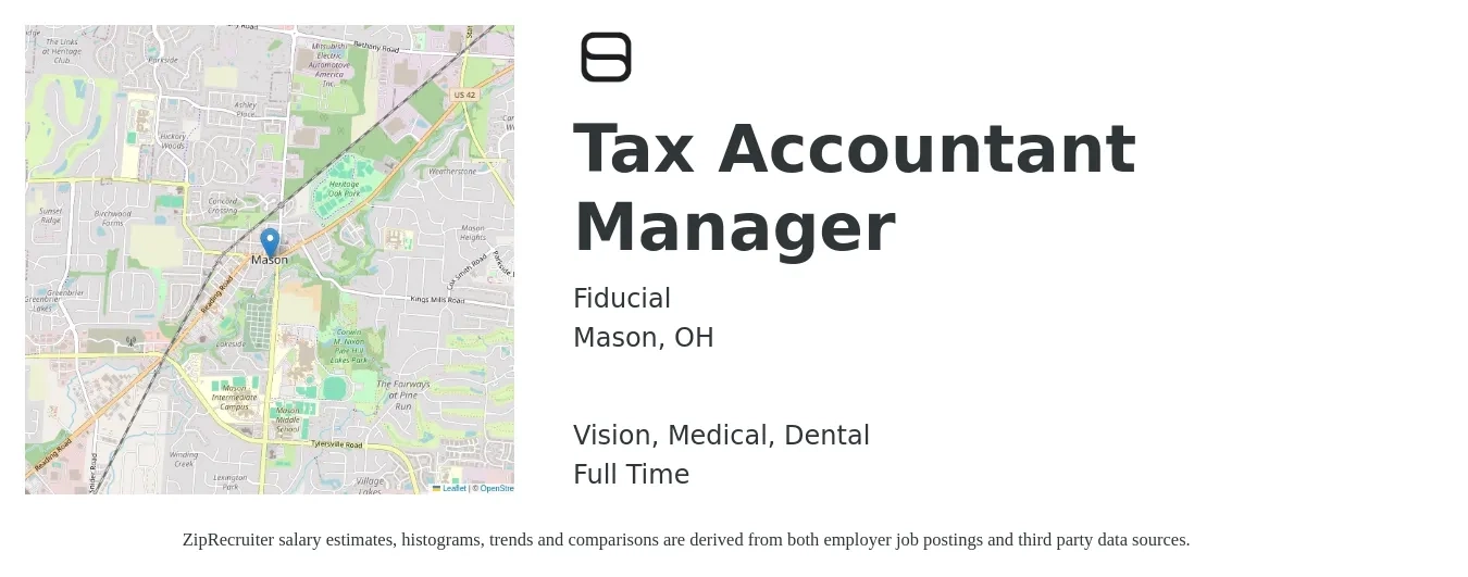 Fiducial job posting for a Tax Accountant Manager in Mason, OH with a salary of $61,600 to $88,400 Yearly and benefits including dental, life_insurance, medical, pto, retirement, and vision with a map of Mason location.