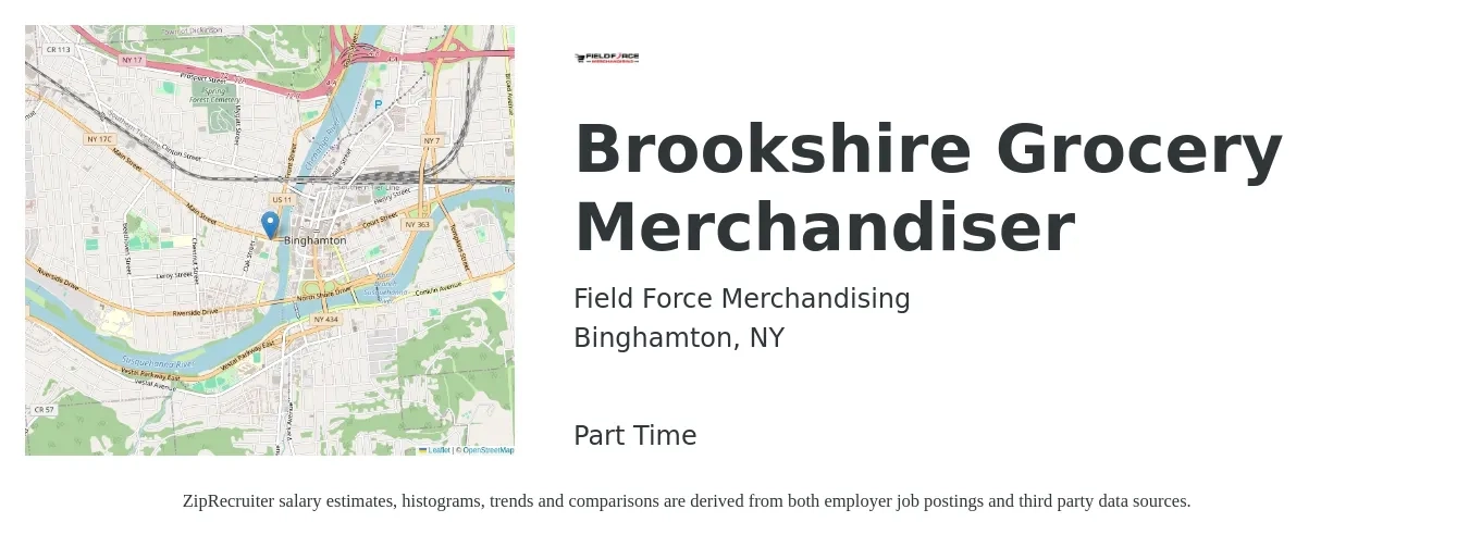Field Force Merchandising job posting for a Brookshire Grocery Merchandiser in Binghamton, NY with a salary of $16 to $19 Hourly with a map of Binghamton location.