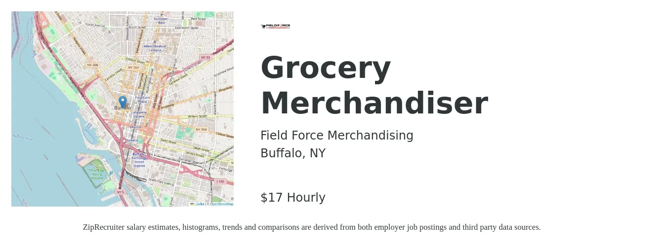Field Force Merchandising job posting for a Grocery Merchandiser in Buffalo, NY with a salary of $18 Hourly with a map of Buffalo location.
