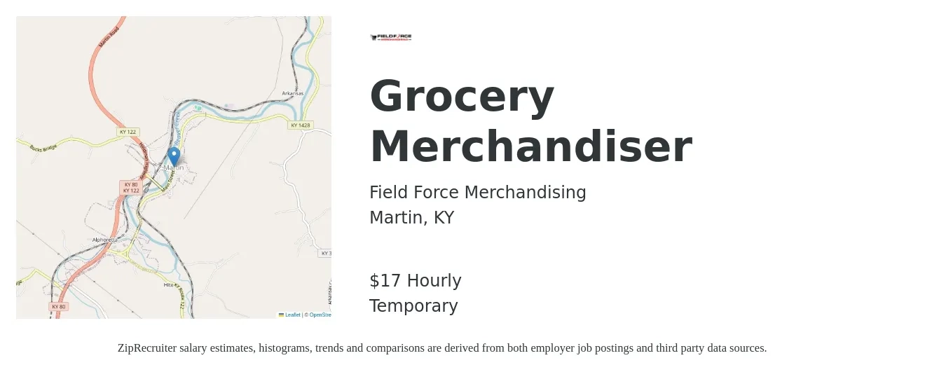 Field Force Merchandising job posting for a Grocery Merchandiser in Martin, KY with a salary of $18 Hourly with a map of Martin location.