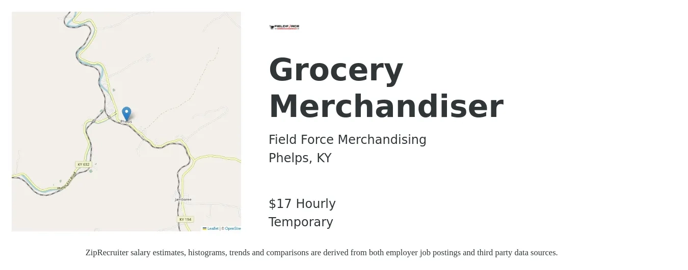 Field Force Merchandising job posting for a Grocery Merchandiser in Phelps, KY with a salary of $18 Hourly with a map of Phelps location.