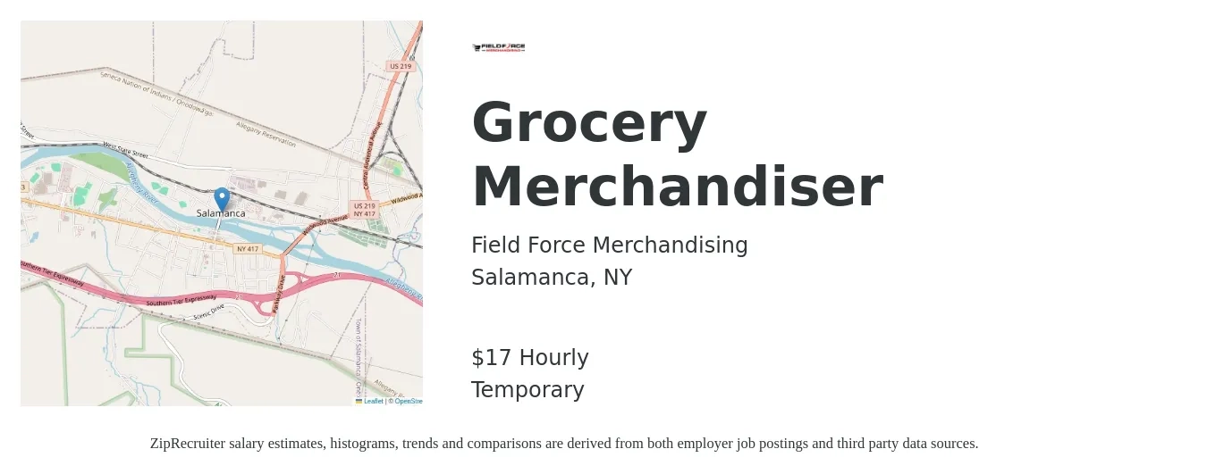 Field Force Merchandising job posting for a Grocery Merchandiser in Salamanca, NY with a salary of $18 Hourly with a map of Salamanca location.