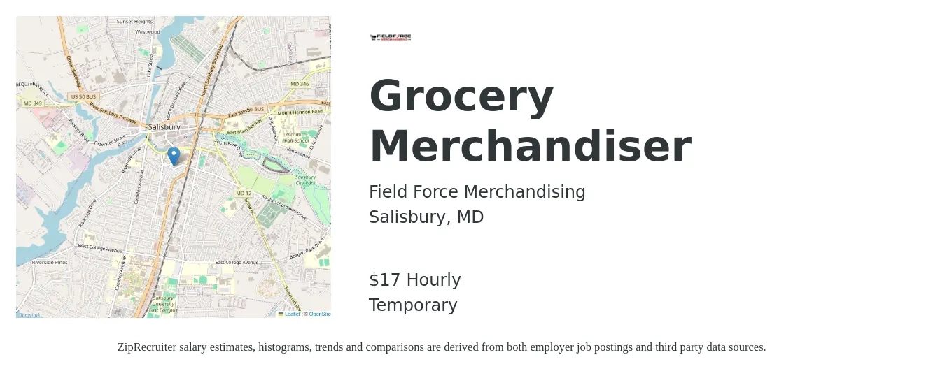 Field Force Merchandising job posting for a Grocery Merchandiser in Salisbury, MD with a salary of $18 Hourly with a map of Salisbury location.