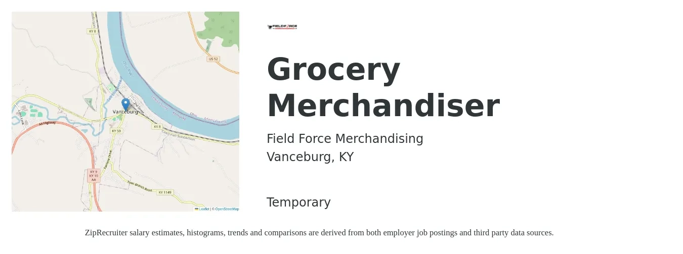 Field Force Merchandising job posting for a Grocery Merchandiser in Vanceburg, KY with a salary of $18 Hourly with a map of Vanceburg location.