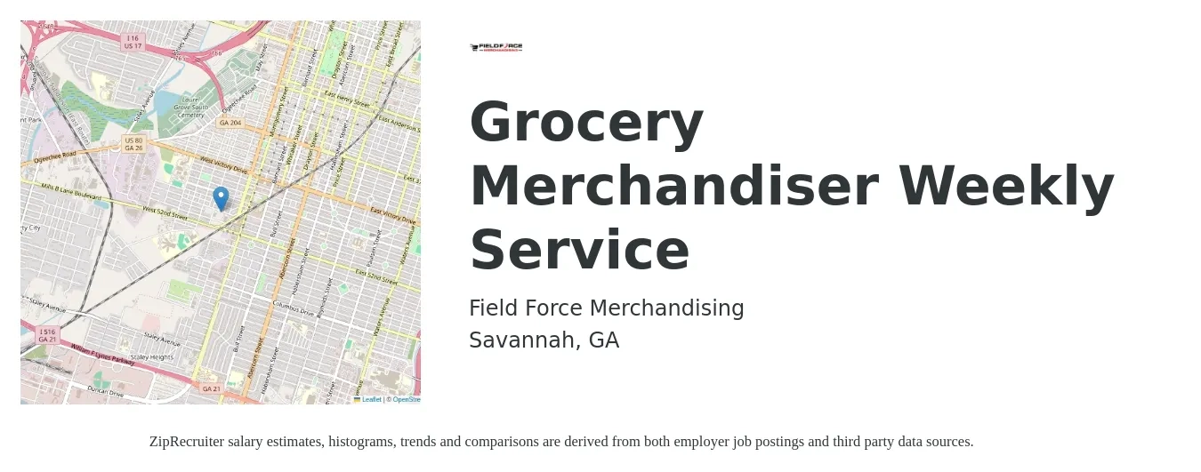 Field Force Merchandising job posting for a Grocery Merchandiser Weekly Service in Savannah, GA with a salary of $13 to $14 Hourly with a map of Savannah location.