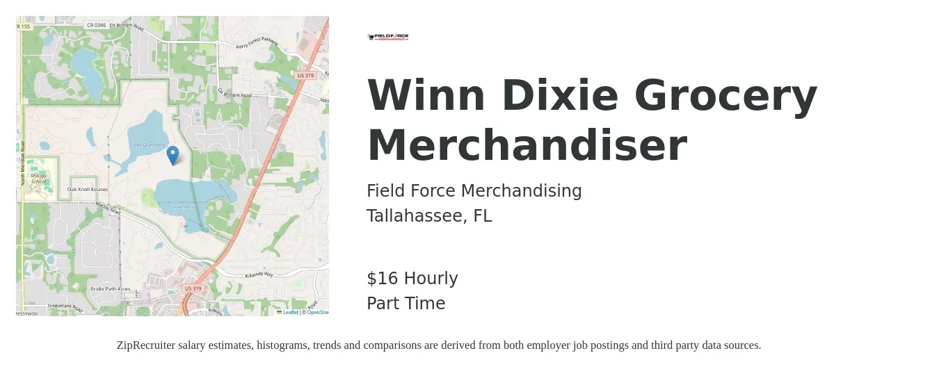 Field Force Merchandising job posting for a Winn Dixie Grocery Merchandiser in Tallahassee, FL with a salary of $13 to $14 Hourly with a map of Tallahassee location.