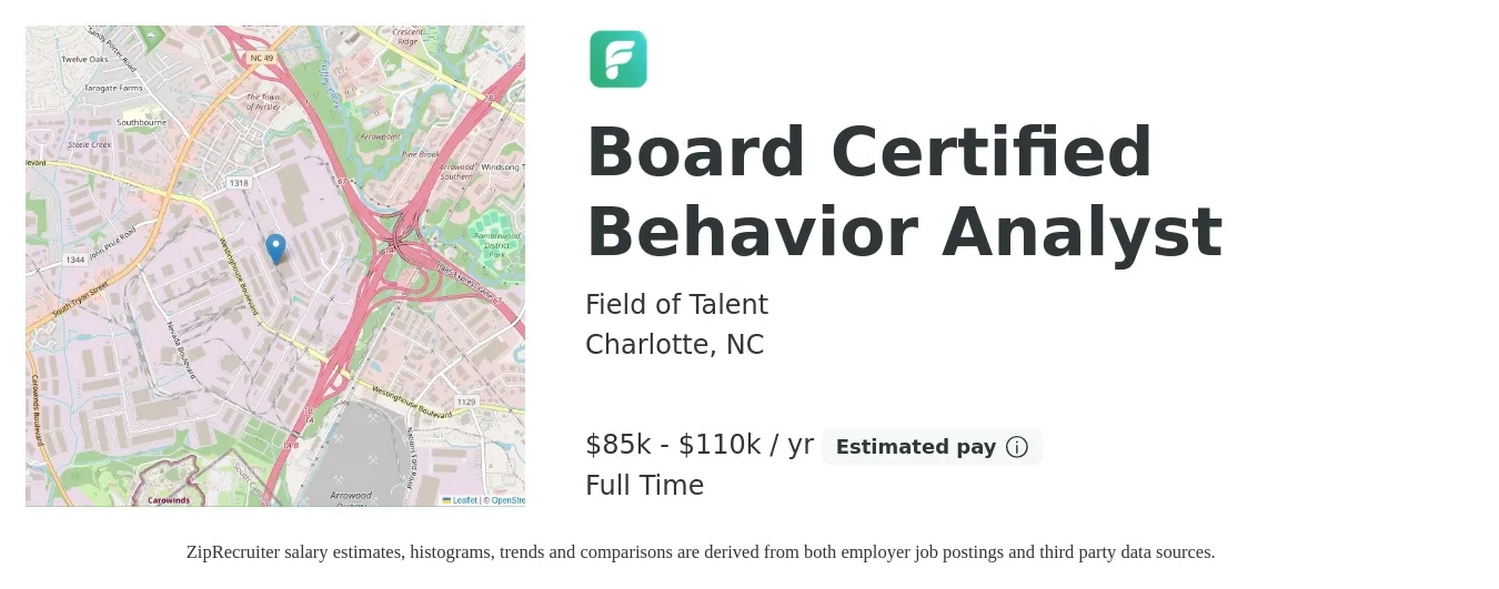 Field of Talent job posting for a Board Certified Behavior Analyst in Charlotte, NC with a salary of $85,000 to $110,000 Yearly with a map of Charlotte location.