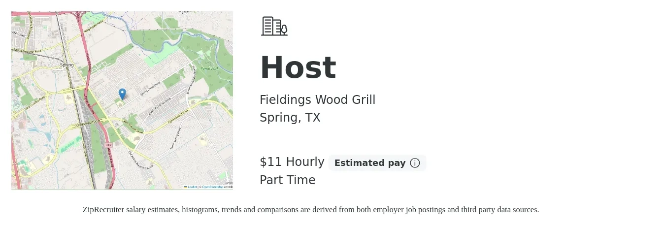 Fieldings Wood Grill job posting for a Host in Spring, TX with a salary of $12 Hourly with a map of Spring location.