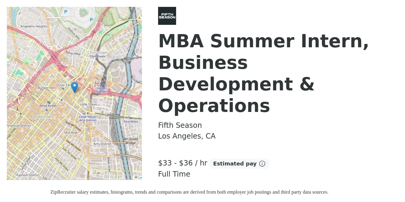 Fifth Season job posting for a MBA Summer Intern, Business Development & Operations in Los Angeles, CA with a salary of $35 to $38 Hourly with a map of Los Angeles location.
