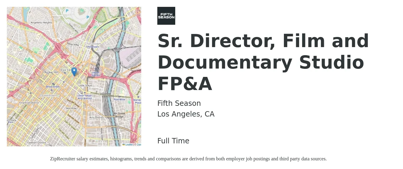Fifth Season job posting for a Sr. Director, Film and Documentary Studio FP&A in Los Angeles, CA with a salary of $200,000 to $218,000 Yearly with a map of Los Angeles location.